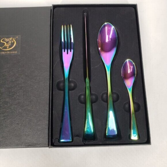 Iridescent Cutlery Four Piece Set in Box New Stainless Steel Rainbow - Picture 5 of 13